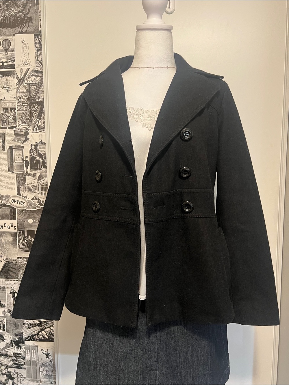 GUESS Black Double Breasted Wool Blend Peacoat Jacket M